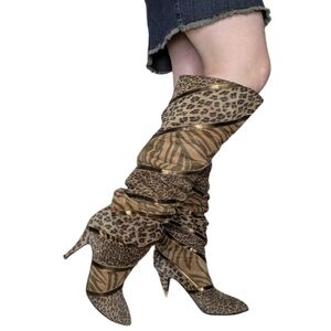 80s Animal Print Knee-High Boots Size 7* Leather Pointed Toe Slouchy Or Tall